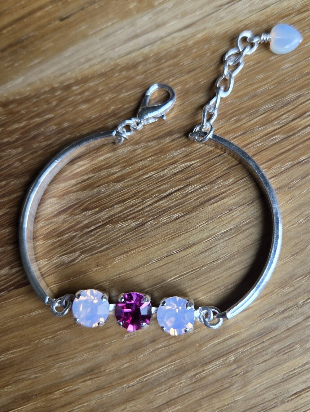 Silver Bar Bracelet with Two Pink Opal & One Fuschia Crystals, Hand Crafted - Picture 7 of 9
